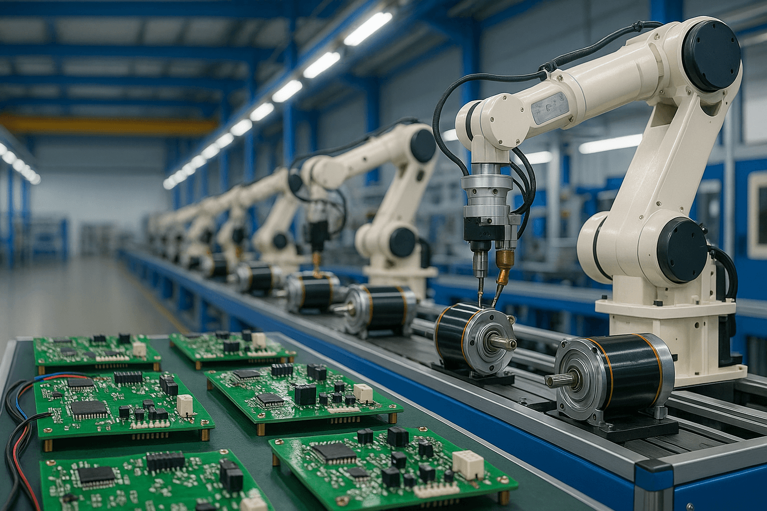 Industrial robotic assembly of DC motors and PCB manufacturing lines
